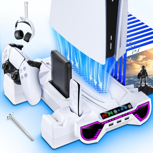 PS5/Slim/Pro Kühlstation und Controller Ladestation mit LED Ständer für PlayStation 5 Konsole - PS5 Controller Ladegerät, Cooling Stand Zubehör Kit-Kühler Lüfter/Headset-Halter/3 USB-Hub, Weiß