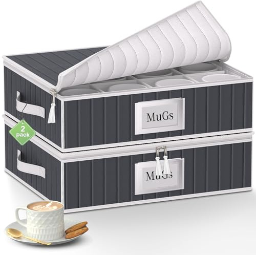 VERONLY Aufbewahrungsbox für Tassen und Becher mit Unterteilern – 2er-Set, fasst 24 Gläser, stapelbare Kaffeetassen-Organizer-Box mit 2 Metall-Reißverschlüssen, Etikett und Griffen (Grau)
