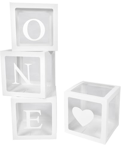 BESTonZON Babyballonboxen 4 Stück mit One Buchstaben und Herzmuster Weiße Faltbare Babyboxen Babyparty Dekoration für Erste Geburtstagsfeier Tragbar und Einfach zu Montieren