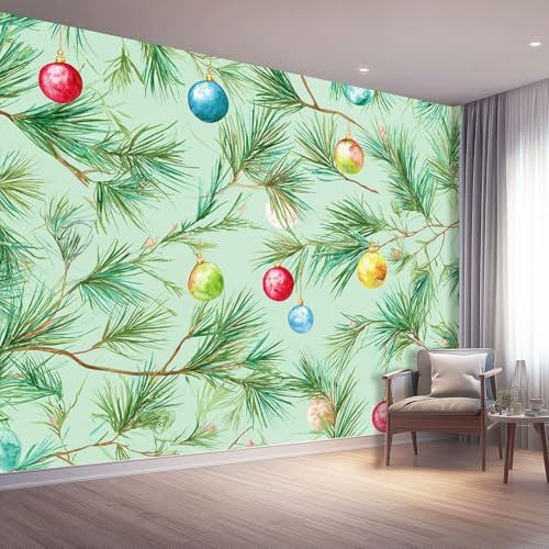 Aquarelle Papier Peint Panoramique 300 x 210 cm Papier Peint Intissé, Branches De Pin Vertes Boules Colorées Photo Motif Poster Decoration Murale Chambre Salon