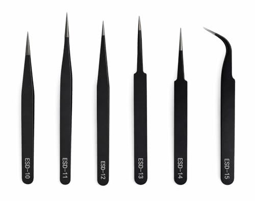 Set de 6 Pinzas de Precisión de Acero Inoxidable Anti-Estática – Pinzas Depilar Profesionales y Tweezers para Diseño de Joyas, DIY, Electrónica y Manicura – Multifuncional con Modelos Variados