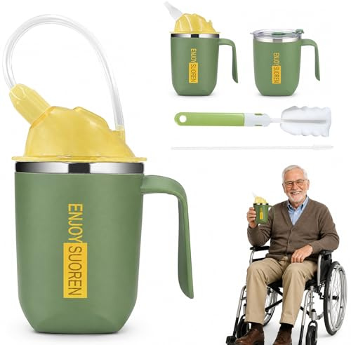 VETIXLO Adult Sippy Cup for Elderly 400ml, 3-in-1 Non Spill Cups for Elderly with 30cm Straw, Gravity Ball, Spout Lid, Stainless Steel Beaker, Dysphagia Drinking Cup with Brush Set, Green
