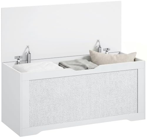HOMCOM Baúl de Almacenaje 136L, Banco de Almacenaje con Panel de Ratán, Tapa Elevable, Brazos de Soporte, Diseño Sin Tiradores, para Recibidor, Pasillo, Dormitorio, Salón, 100x40x45 cm, Blanco