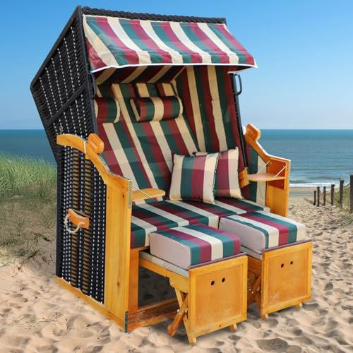 BRAST Strandkorb Rügen Deluxe | für 2 Personen | 120cm breit | 5 Designs | inkl. wetterfeste Abdeckhaube, verstellbare Rückenlehne weiches Fußkissen | Rot/Grün/Beige - kariert