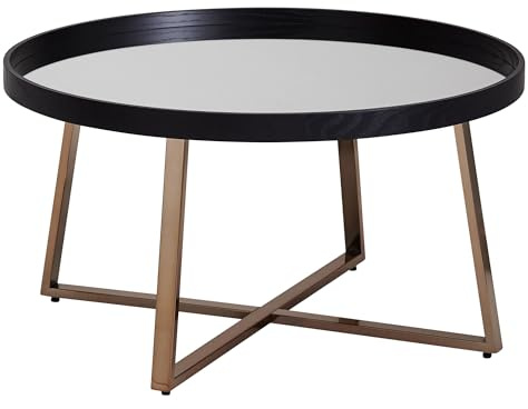 FineBuy Couchtisch Rund 78x78x42,5 cm Gold mit Spiegel-Glasplatte | großer Wohnzimmertisch mit Metallgestell Schwarz, Beistelltisch verspiegelt, Loungetisch, sicherer Stand