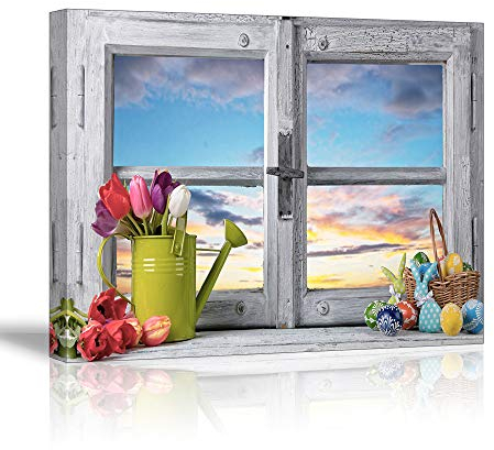 PIY PAINTING Stampe e Quadri su Tela Belle Finestre in Legno Immagine Fiore Tulipani Fotografia con Cornice Murale Tela Wall Art Home Decor Cucina Oficina Regalo di Anniversario 30x40cm