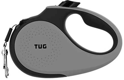 TUG 360° trasselfritt, slitstarkt infällbart hundkoppel för upp till 15 kg hundar | 5 m stark nylonband | enhandsbroms, paus, lås (liten, grå)