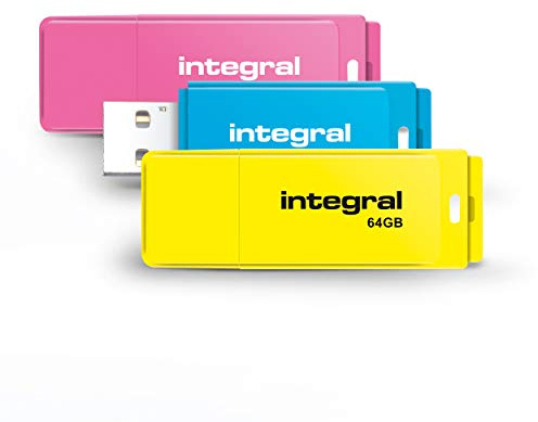 Integral 64GB Neon USB 2.0 Flash Drive Paquete de 3 (Rosa/Azul/Amarillo)