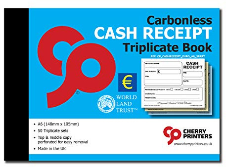 Cherry Printers Carbonless NCR Euro Cash Receipt Triplicate Book A6 50 Sets