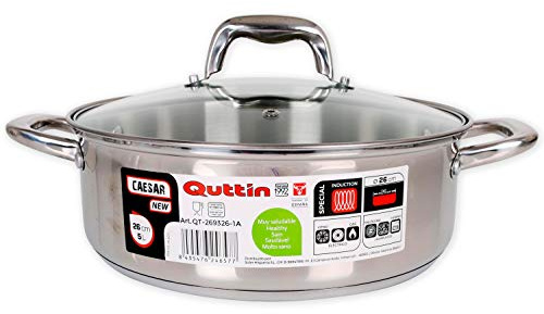Quttin | Olla Profesional New Caesar de Inducción para Cocina y Horno | Cacerola Pequeña de Acero Inoxidable Antiadherente con Tapa de Cristal y Asas 26 cm/5 L Apta para Todo Tipo de Cocinas