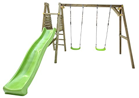 MASGAMES Lignum - Box per bambini L | Scivolo con connettore a tubo | Legno trattato | Ancoraggi inclusi | Altalena 2 posti | (sedile piatto)