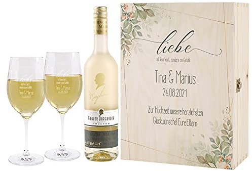 Herz & Heim® Hochzeitsgeschenk Wein mit gravierten Leonardo Weingläsern in bedruckter Weinkiste Grauer Burgunder/Rivaner