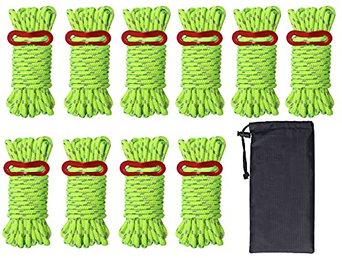 Hikeman 10 Pack 4mm Camping Rope Reflective Outdoor Guy Lines with Aluminum Guyline Adjuster Tensioners Nylon Tent Tie Downs for Hiking Backpacking Tarp,Canopy Shelter (Fluorescent Green)