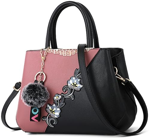 VARLIVOO Handtasche Damen Mittelgroß Elegant Taschen mit Blumenstickerei Leader PU Henkeltasche Frauen Schultertasche Shopper Mit Plüschanhänger fur Reisen Büro Einkauf Rosa A