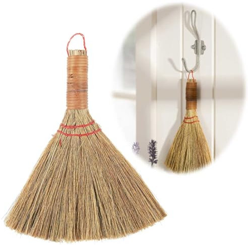 LS-LebenStil Vintage Handfeger Kehrbesen 20cm Naturstroh zum Aufhängen Reisbesen Strohfeger Kleiner Hexenbesen mit Stiel Feger Kehrwisch-Besen Handkehrbesen Handbesen Kamin Camping Besen Holzgriff