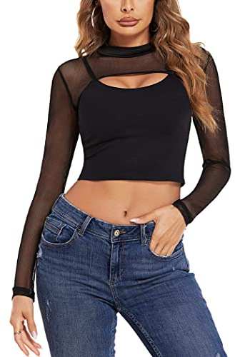 Avidlove Mesh Crop Tops for Women Mock Neck Long Sleeve Crop Top See Through Shirt Top Sexy Clubwear(Black, M)