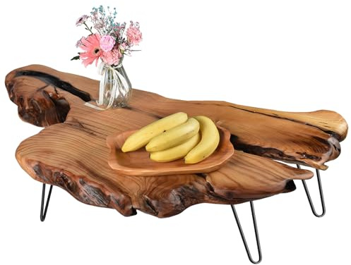 Hurrikom Natural Wood Coffee Table, Natural Wood Edge Contemporary Cocktail Table, Wood Tea Tables for Living Room with Metal Hairpin Legs,Wooden Flower Pot Holder Clear Lacquer Finish