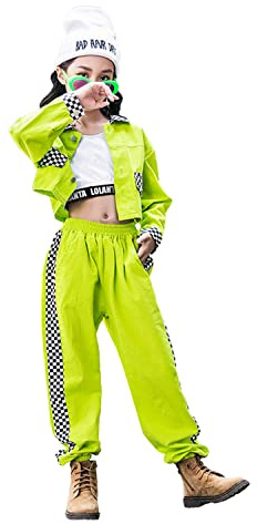 LOLANTA 3 uds disfraz de Hip Hop para niñas, camiseta sin mangas, chaqueta recortada y jogger de tablero de ajedrez, conjunto de ropa de calle para niños, verde claro, 12-13 años, 170