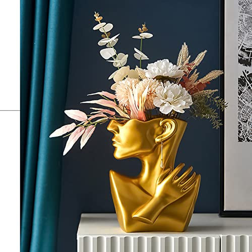 Kreativität Vasen Deko,Moderne Vase Gesicht Statue Schmuckständer Blumentopf Kunstverzierung Haus Dekoration Blumenvasen für Pampasgras Wohnzimmer Schlafzimmer (Gold)