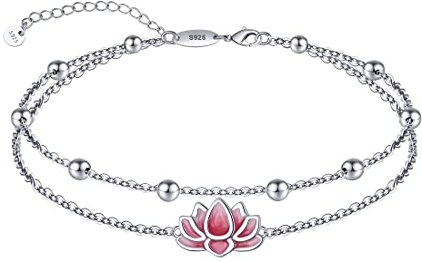 LINGBG JEWELRY Fußkettchen aus 925er Sterlingsilber für Damen, Lotusblume, mehrlagiges Fußkettchen für Chakra, Geburtstag, Abschlussfeier, Inspiration, Yoga, Geschenkidee, 8.7 Inch, Sterling-Silber