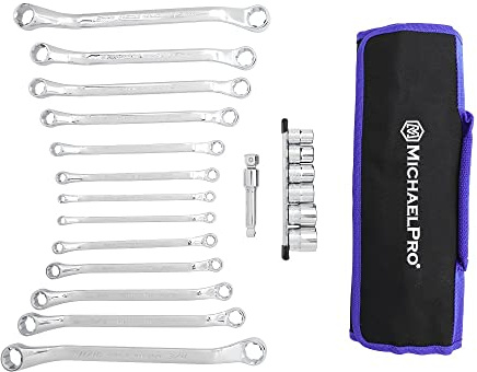 MichaelPro MP001212 19-Piece Double Ring Spanner & Socket Set, Bolt Extractor, Offset & Swan Neck Spanners