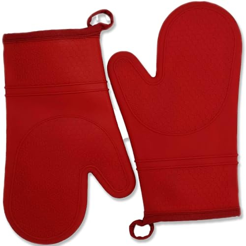 Oven Mitts Heat Resistant Silicone, Kitchen Gloves & Pot Holders, Cotton Lining, Non-Slip, Flexible, Durable, Easy Clean, Cooking, Baking, Grilling, Double Sided (Pair of 2 Oven Mitts) Red