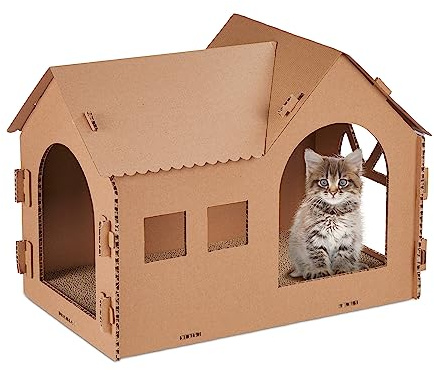 Relaxdays Casa Gato con Rascador, Cueva Gatito Superficie Rascado para Montar, Incl. Hierba Gatera, 36x49x29 cm, Marrón