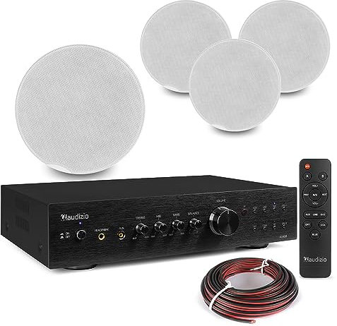 Power Dynamics 2-Zone Multi Room Ceiling Speaker System with Bluetooth - Includes 4x FCS6 Low-Profile Ceiling Speakers & AD420B 4-Channel Hi-Fi Amplifier for Home Audio & Shops