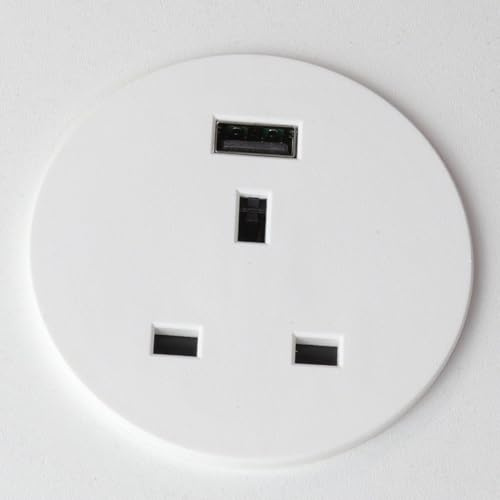 kenable Office Desk Grommet Power Socket 60mm with UK Mains Outlet and USB-A Fast Charge Port 2m Cable White