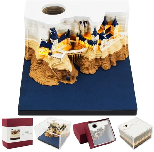 3D-Notizblock, 2026 Schreibtisch Kalender 3D Memo Pad Papier mit Licht und Stifthalter 3D Magic Castle Wochenkalender Notizblock,Papierskulptur,Schnitzen Reißbar Kreative Memo Kalender für Dekoration