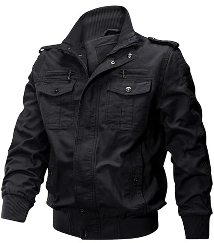 ZDJSWJ Män casual vindtät militär cargojacka flera fickor ståkrage bomber workwear, svart, 4XL