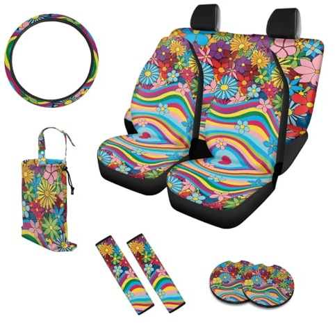 UOIMAG 70S Autositzbezug mit Blumenmuster, komplettes Set mit 10 Regenbogen-Wirbeln, Welle, Hippie-Blume, Lenkradbezug, Müllbeutel