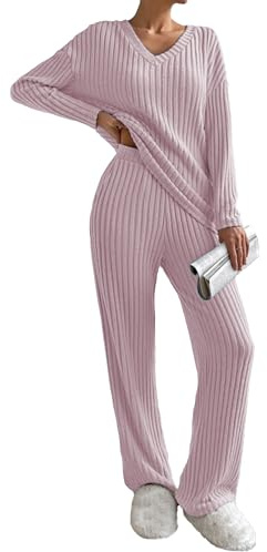 Famulily – Ensemble de pyjama pour femme avec col en V, manches longues et jambes larges, vêtements de détente, 2 pièces avec poches, Rose, M