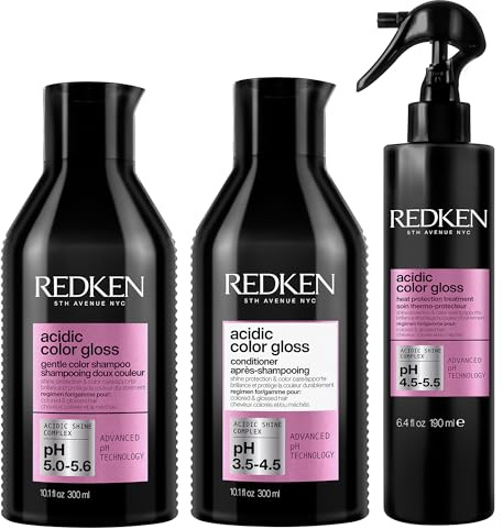 Redken Pflegeset für Reinigung und Farbschutz bei gefärbtem Haar, Langanhaltende Farbbrillianz, Mit Glanzkomplex & Hitzeschutz bis zu 230°C, Acidic Color Gloss Shampoo, Conditioner und Leave-In Spray