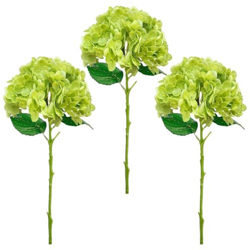 BEIJIALY 3 Flores Artificiales de Seda de Hortensias, Flores de Hortensias Artificiales de Tacto Real con Hojas Y Tallos Verdes, Ramo de Flores Falsas para Centros de Mesa de Boda(Verde)