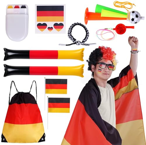 CoolChange Großes Deutschland Fan Paket zur Fußball EM 2024 | 11-teilig | Inkl. Deutschlandfahnen-Umhang, Flaggen, Tröte, Fan Cheersticks u.v.m