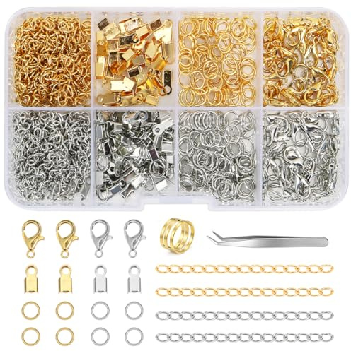 Kettenverschluss, 300 Stück Verschlüsse Armbänder Set, Armband Verschluss, Schmuckverschluss, Karabinerverschluss Biegeringe und Crimpenden für Halsketten Armband Schmuck Basteln DIY (Gold+Silver)