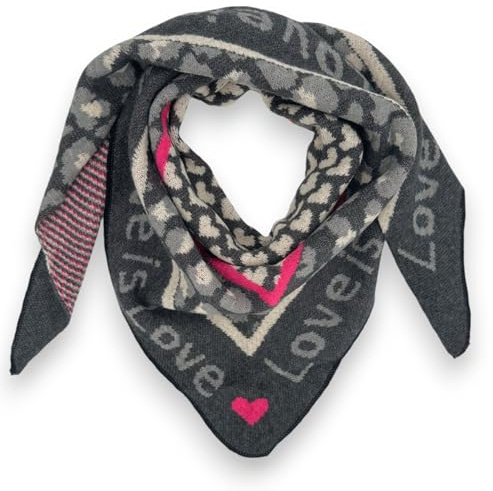 Ziona Damenschal Winter Dreiecksschal weich XXL Winterschal 180 x 70 cm Leo Herz Print (Schwarz-Grau (Love))