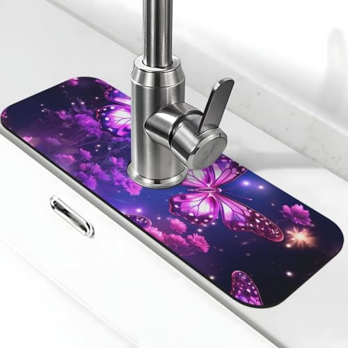 Spritzschutz, Küchenspüle, Wasserhahnmatte, super saugfähig, Saugnapf, violett, niedlicher Schmetterling, Wasserhahnmatte, Kieselgur-Wasserhahn, Abtropfmatte für Küche, Tropffänger für Badezimmer