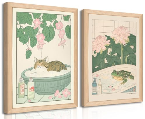 Set of 2 Japanese Bathroom Wall Art Framed Canvas with Cats & Frogs, Wooden Frame, Abstract Nature Poster Prints for Bathroom Decor, Minimalist Zen Painting Art for Home & Spa (12 W*16 H*2piece)