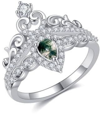 Kronen Ring 925 Sterling Silber Krone Moosachat Birnenform Ring Hochzeit Verlobung Schmuck Geschenke für Damen Frauen Mädchen Mutter Ehefrau(7)