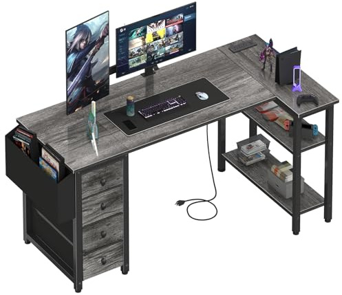 Lufeiya L Shaped Gaming Desk with Drawers & Storage Shelves, 55 Inch Corner Computer Desk with Power Outlet for Home Office Bedroom, L-Shaped Teen PC Desks with Fabric Drawer, Gray