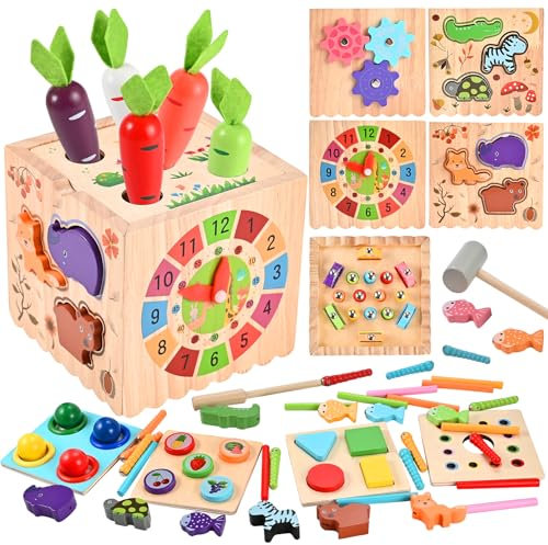 Wooderma Motorikwürfel 10 in 1 Motorikspielzeug ab 1 Jahr, Aktivitätswürfel Baby Spielzeug, 60 Pcs Kinder Holzspielzeug, Montessori Activity Center Lernspielzeug Steckwürfel Kinderspielzeug Geschenk