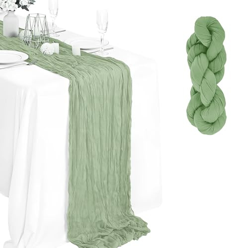 Dewocke Camino de Gasa Mantel Verde Salvia, Banda de Mesa Bohemio con Textura Arrugada, Camino de Mesa de Tela de Queso, Mantel Rústico de Gasa para Boda Cumpleaños Decoracion de Mesa, 90x300cm