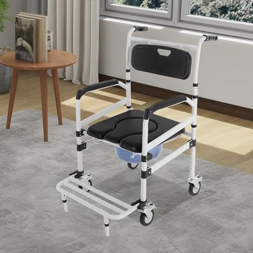 Commode Chair for Seniors Height-Adjustable Commode Chair on Wheels Foldable Mobile Toilet Shower Stool for Elderly and Disabled Ergonomic Seat Bedside Commodes Wheelchair