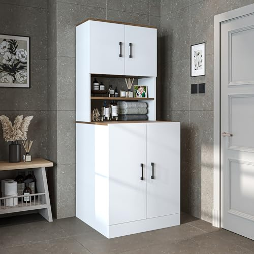 ROOMART, Salle de bain, meuble de machine à laver, tour de lavage, étagère de machine à laver, superstructure de machine à laver - Lg : 70 x 180 x 69 cm (avec armoire supérieure, chêne blanc)