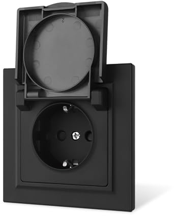 CNBINGO Wasserdicht Steckdose mit Deckel und Krallen, 1-Fach Schwarz Matt | Wassergeschützt Steckdose Unterputz mit Klappdeckel, Schuko Wandsteckdose mit Kindersicherung, Hautfreundliche PC Platte