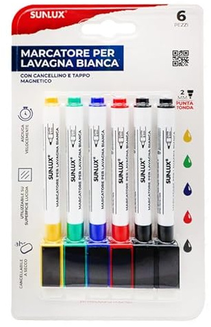SUNLUX Marcatori per Lavagna Bianca con Tappo Magnetico e Cancellino - Set da 6 (2 Neri, Blu, Rosso, Verde, Giallo) - Punta Tonda 2mm