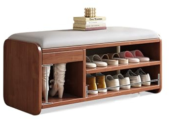 Elegante banco zapatero con otomana de cojín suave, solución de almacenamiento de madera maciza en 4 colores y 3 tamaños, esponja de alta resistencia, acabado de nogal