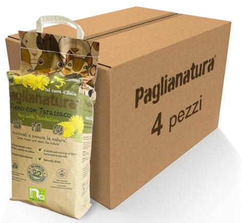 Paglianatura Kit 4 pezzi - Fieno Naturale con Tarassaco 1300g - Alimento Ricco di Fibre per Conigli, Roditori e Piccoli Animali